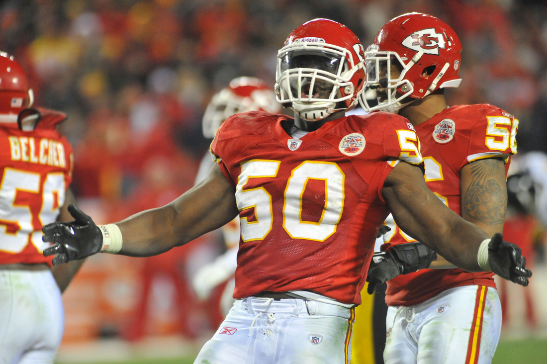 November 27, 2011; Kansas City, MO, USA; Kansas City Chiefs outside linebacker Justin Houston (50) celebrates after a tackle in the second half against the Pittsburgh Steelers at Arrowhead Stadium. Pittsburgh won the game 13-9. Mandatory Credit: Denny Medley-US PRESSWIRE
