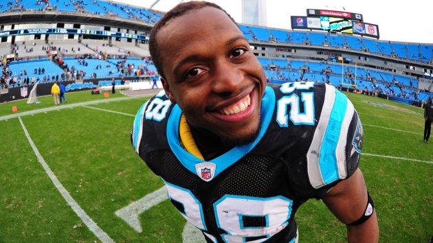 CHARLOTTE, NC - DECEMBER 24: Jonathan Stewart #28 of the Carolina Panthers celebrates after the game against the Tampa Bay Buccaneers at Bank of America Stadium on December 24, 2011 in Charlotte, North Carolina (Photo by Scott Cunningham/Getty Images)