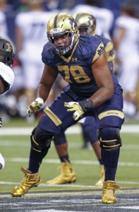 INDIANAPOLIS, IN - SEPTEMBER 13: Ronnie Stanley #78 of the Notre Dame Fighting Irish moves to block during the game against the Purdue Boilermakers at Lucas Oil Stadium on September 13, 2014 in Indianapolis, Indiana.  (Photo by Michael Hickey/Getty Images)