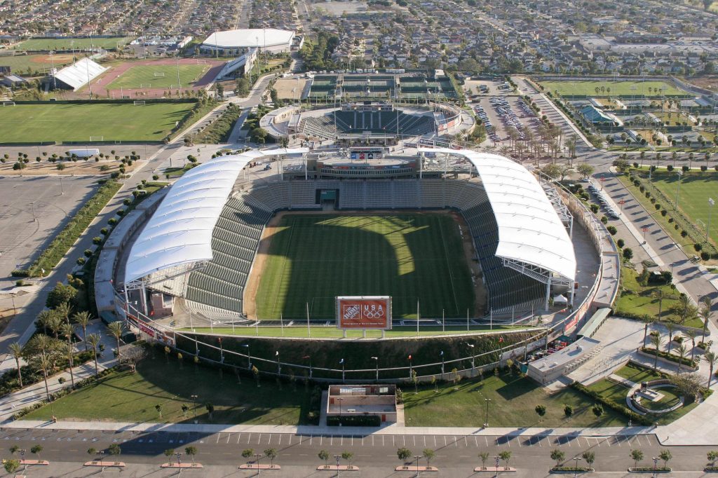 Carson, UNITED STATES:  An aerial view of the Home Depot Center in Carson, California, 16 January 2007.  The Home Depot Center is the home pitch of the MLS soccer team the Los Angeles Galaxy, for whom British soccer star David Beckham will begin playing this summer.   AFP PHOTO / ROBYN BECK  (Photo credit should read ROBYN BECK/AFP/Getty Images)